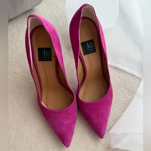 Isabella Lorusso Italian Pink Fuchsia Wave Suede Heels - Picture 6 of 11